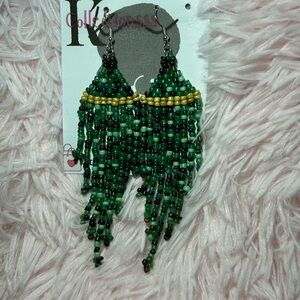 Green & light brown Beaded Fringe Earrings | Handmade Statement Jewelry